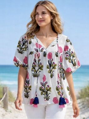 THML White Floral Peasant Blouse with Pink & Olive Print